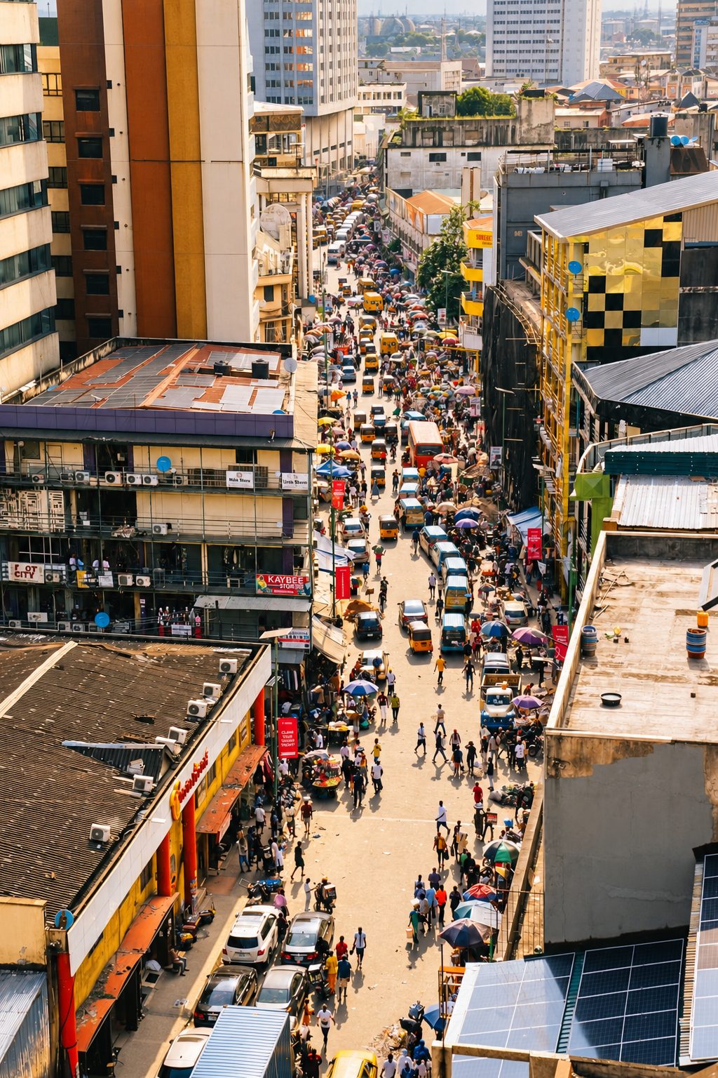 A crowded market street in Lagos seen from above